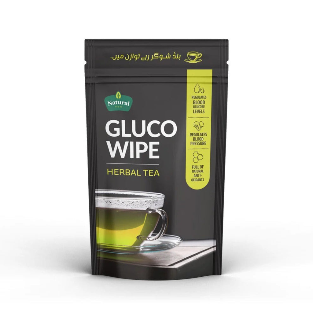 Glucowipe Anti-Diabetic and Anti-Hypertensive Herbal Tea packaging with a cup of tea.