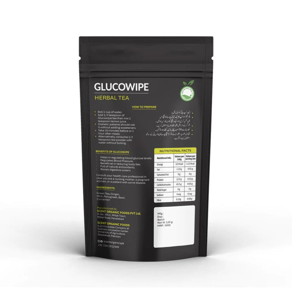 Glucowipe Anti-Diabetic and Anti-Hypertensive Herbal Tea packaging displaying preparation instructions and nutritional facts.