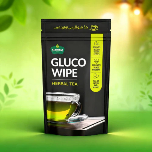Glucowipe Anti-Diabetic and Anti-Hypertensive Herbal Tea packaging with cup and green background.