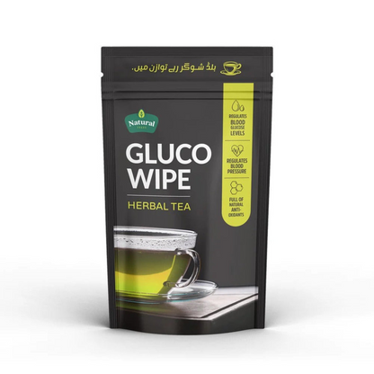 Glucowipe Anti-Diabetic and Anti-Hypertensive Herbal Tea packaging with a cup of tea.