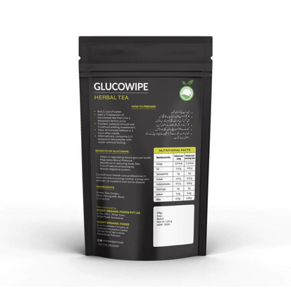 Glucowipe Anti-Diabetic and Anti-Hypertensive Herbal Tea packaging displaying preparation instructions and nutritional facts.