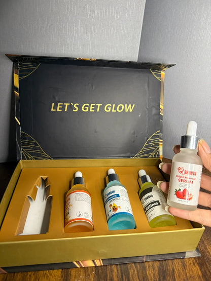 Complete Skin Transformation Kit 4 Professional Serums displayed in an elegant box with glowing text.
